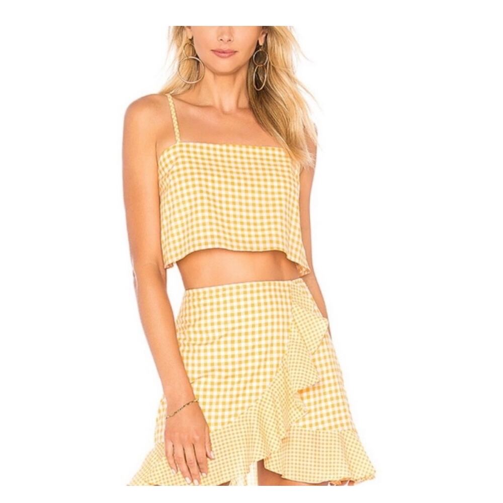 Lovers + Friends Revolve Bowie Yellow Gingham Print Tie Back Crop Top Size Small - Picture 2 of 9